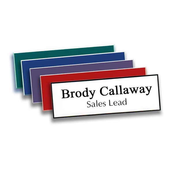 Fast Name Tags with engraved names and titles text. Available in various color options. Tags in white, red, purple, blue, and green.