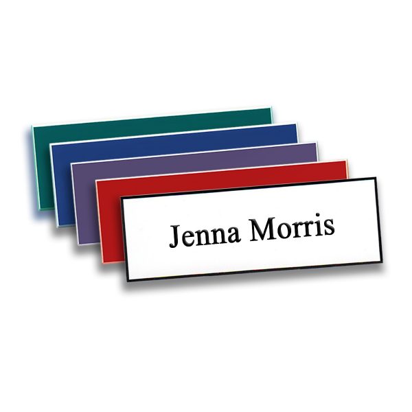Fast Name Tags with engraved names and titles text. Available in various color options. Tags in white, red, purple, blue, and green.