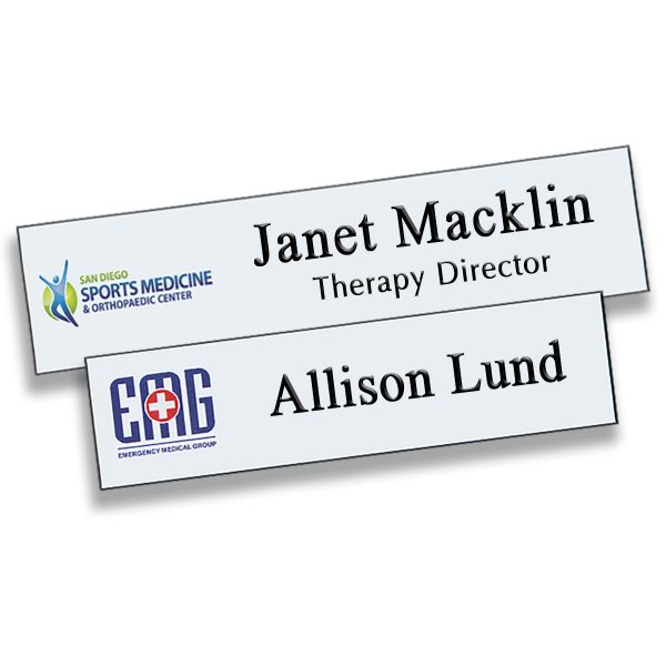 Full Color Printed Name Tags with logo and engraved text lines. White background with black engraved text and full color logos.