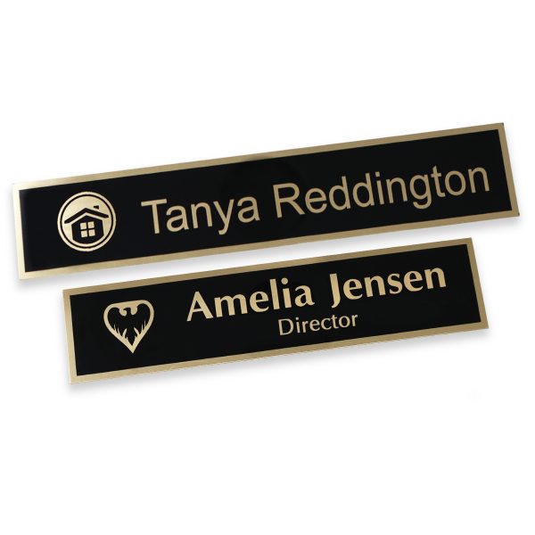 Gold bordered metal name plates with gold laser engraved logo and text lines.