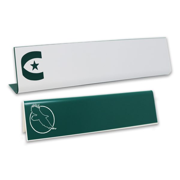L-shaped name plates with engraved logo and text.