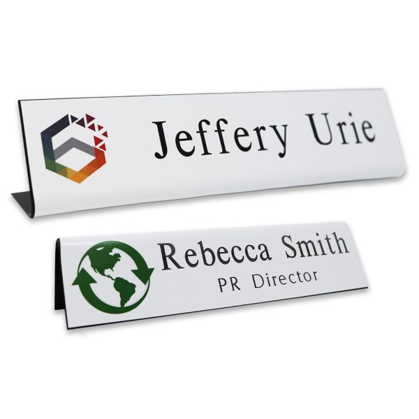 L-shaped name plates with full color logo and engraved text.