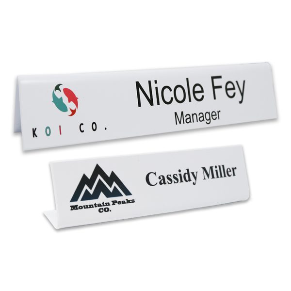 L-shaped name plate with full color printed logo and text.