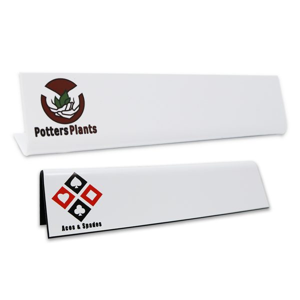 L-shaped name plates with full color logo, on white background with full color printed company logo.