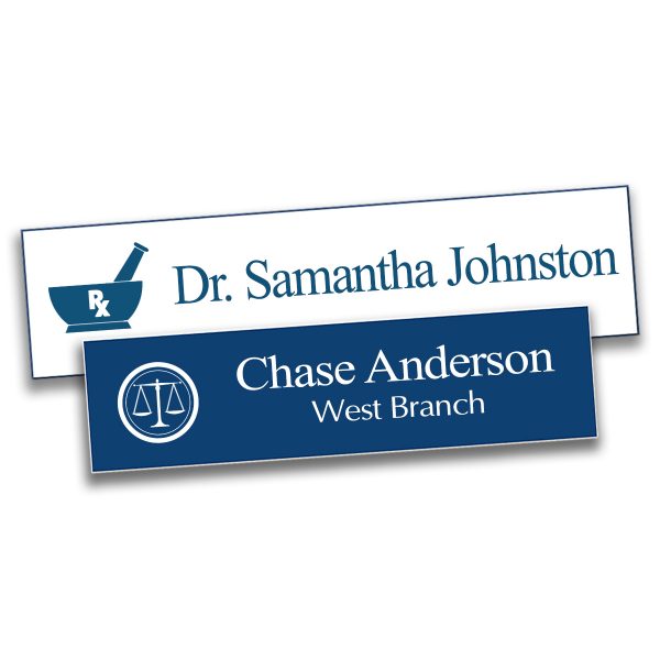 Name Plates with engraved logo and lines of text. White background with blue engraved text and blue background with white engraved text