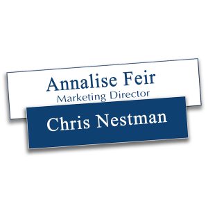 Name Plates with engraved lines of text. White background with blue engraved text and blue background with white engraved text