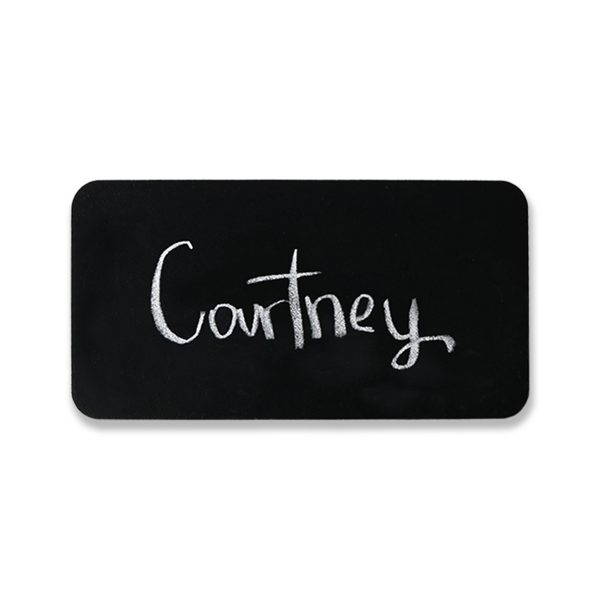 1.5" x 3" chalkboard name tag with written chalk name.