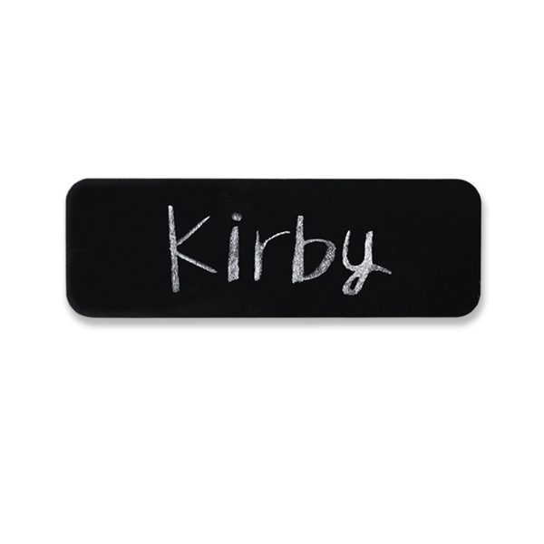 Chalkboard name tag 1" x 3" inches with chalk name written on face of the tag.