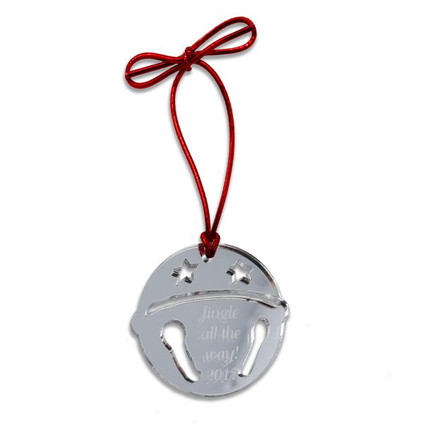 acrylic mirror sleigh bell ornament with customized engraved text phrase and red metallic cord fastener.