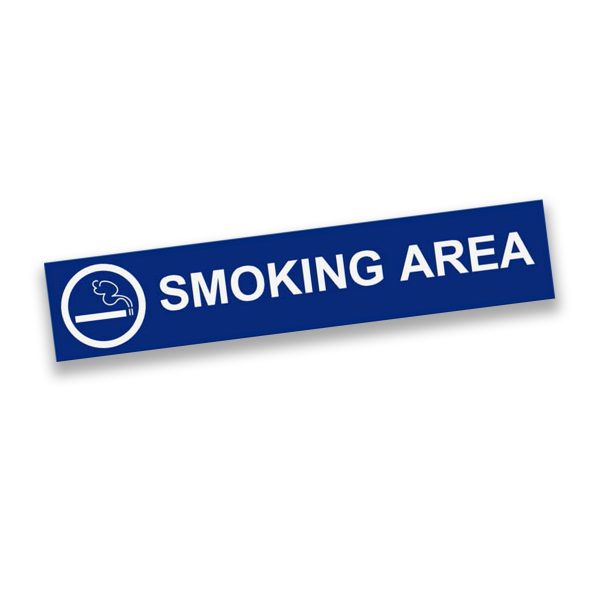 Blue plastic engraved smoking area sign with text and smoking graphic.