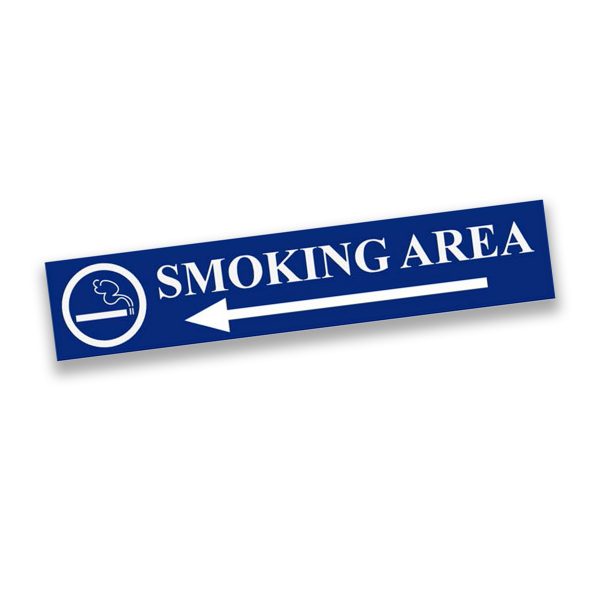 Blue plastic engraved smoking area sign with text, arrow, and smoking graphic.