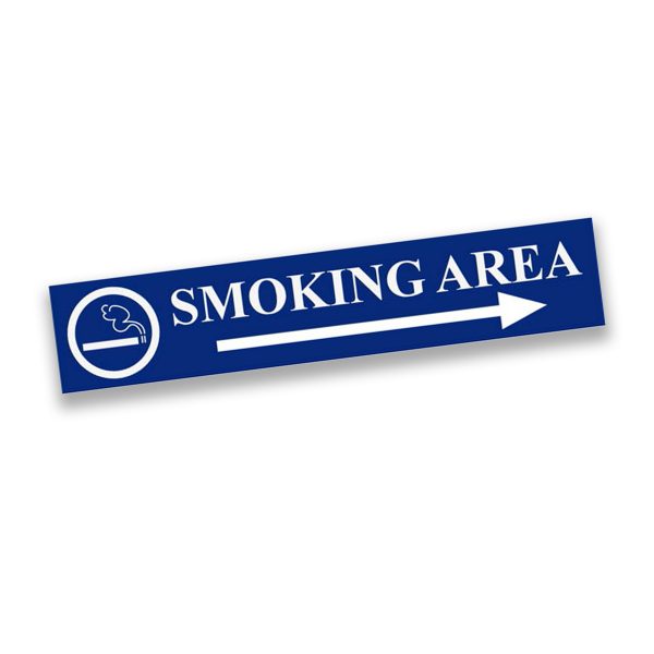 Blue plastic engraved smoking area sign with text, arrow, and smoking graphic.
