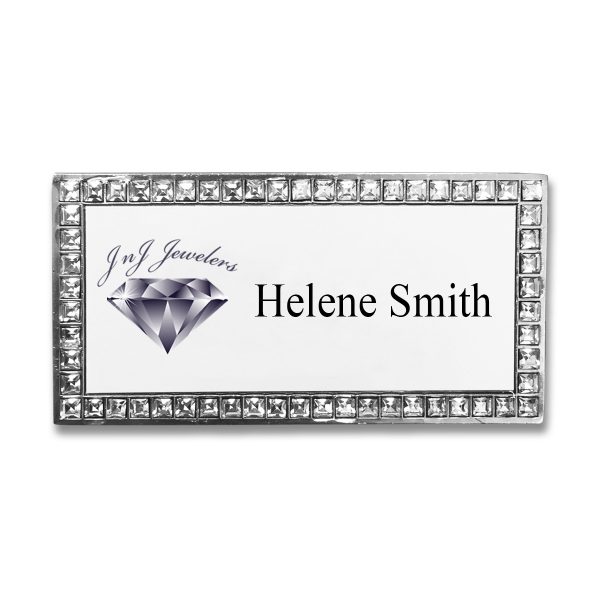 Rhinestone name tag with printed company logo and text.