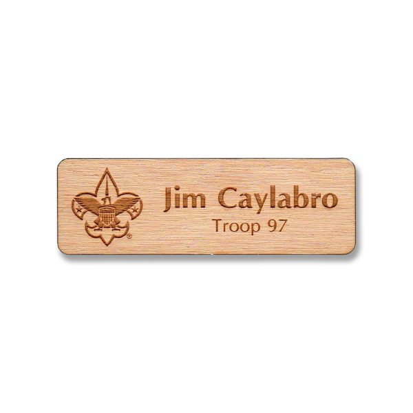 Wooden laser engraved name tag with scouting BSA logo & up to 2 lines of text