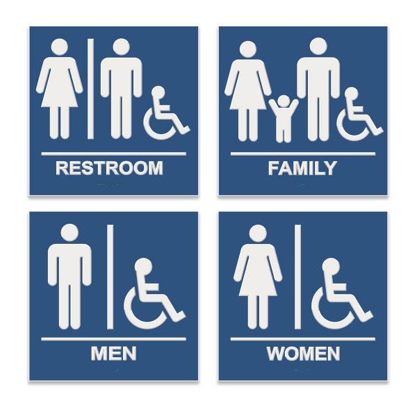 Blue with white engraved compliant restroom sign with braille raised letteringn with family bathroom, unisex bathroom, women's bathroom and men's bathroom signs with wheel chair accessibility.