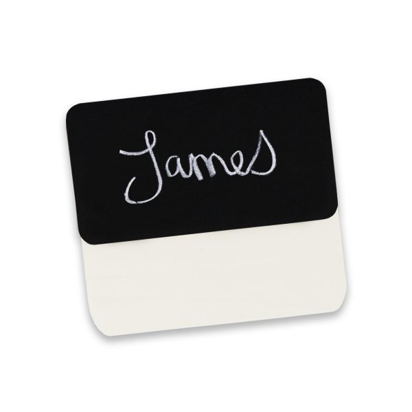 Chalkboard pocket name tag with written name on tag face.