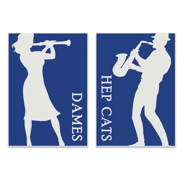 Creative engraved restroom signs, with men and womens designs in Hep Cats and Jazz Dames.