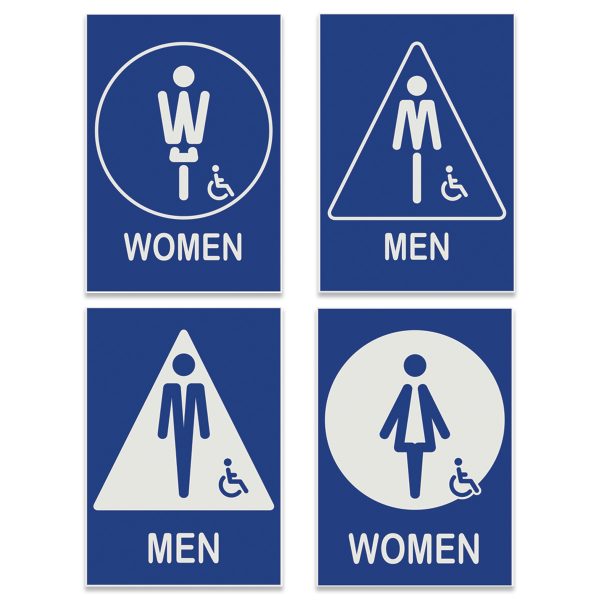 Creative lettered people engraved restroom signs, men and women with 2 different styles each.