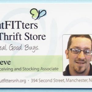 White ID badge with full color printed logo, text, and photo