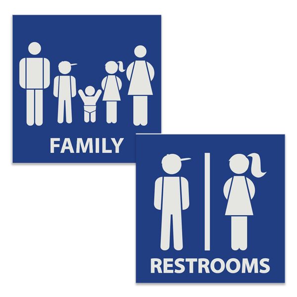 Creative engraved square restroom signs with kids family and kids unisex