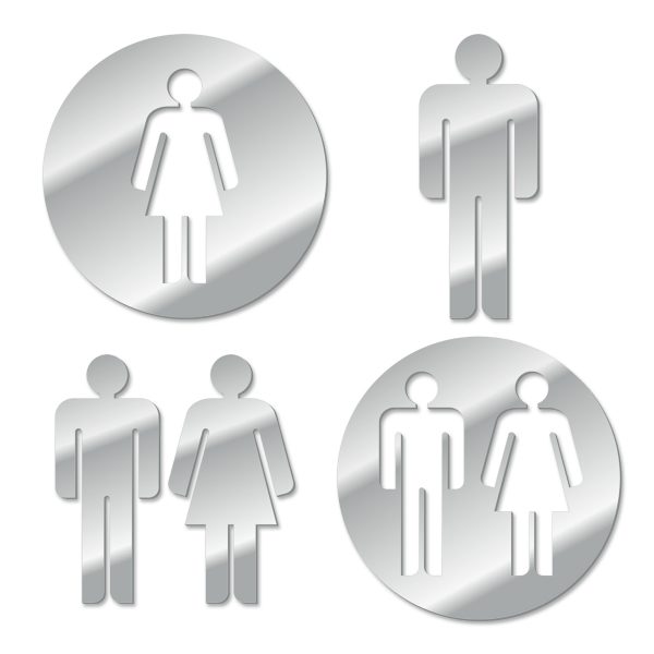 Mirror Acrylic Restroom Symbol Signs cut from high quality acrylic mirror, available in women's men's and unisex signs and 2 different designs.