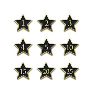 Employee recognition stars with black face and gold edges and beveled year numbers.