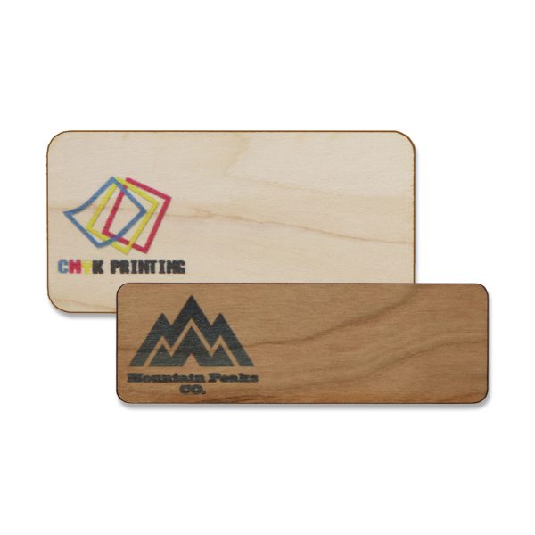 Full color wooden name tags with full color printed logos on fine-grain wood.