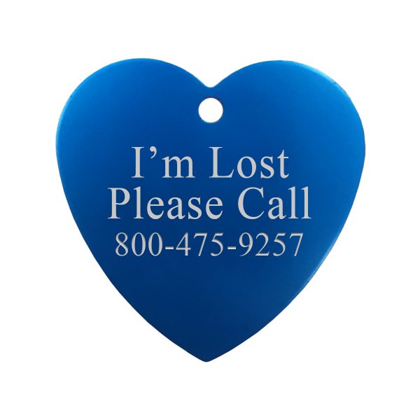 Blue 1.75" heart shaped pet tag with engraved text and contact phone number