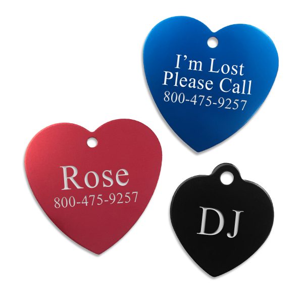 Heart shaped pet name tags available in 3 colors and 2 sizes, completely customizable with whatever text your furry friend needs.