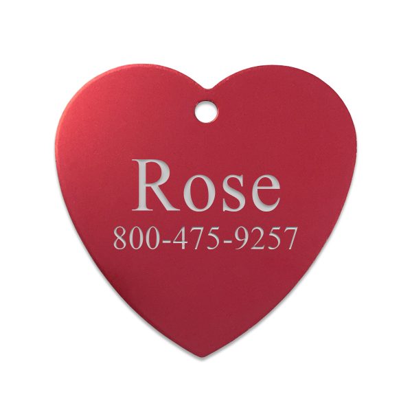 Red 1.75" heart shaped pet tag with engraved name and contact phone number