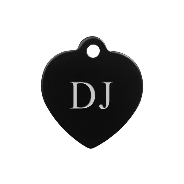 Black 1" heart shaped pet tag with engraved name