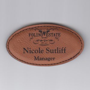Large Leather Oval Name tag with logo and text-0